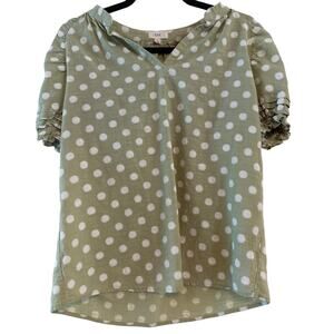 Ott Green White Polka Dot Blouse Women's Size Small Ruffled Sleeves